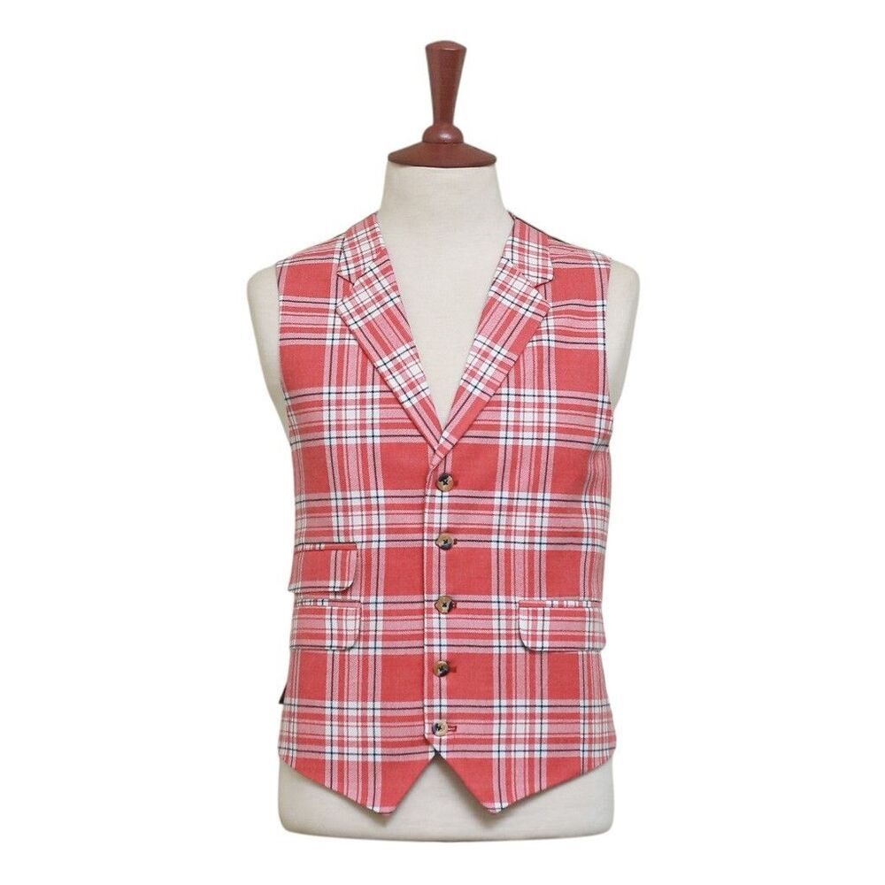 Mens Vest 44R Plaid Wool Pink White Lapel Waistcoat Formal Wedding Groom Party